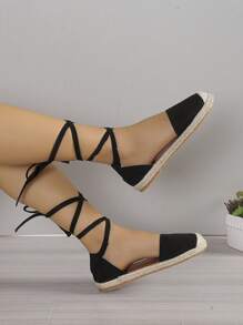 女士腿部繫帶編織度假戶外織物草編鞋 - 黑色 - 查看 5