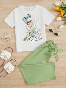 SHEIN Bộ hai mảnh Gái Thắt lưng Quần paper-bag Con số Lá thư Giải trí - Nhiều màu - Xem 1