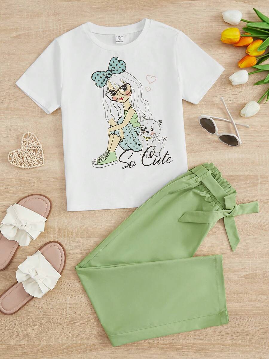 SHEIN Bộ hai mảnh Gái Thắt lưng Quần paper-bag Con số Lá thư Giải trí - Nhiều màu - Xem 1