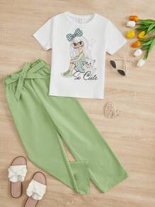 SHEIN Bộ hai mảnh Gái Thắt lưng Quần paper-bag Con số Lá thư Giải trí - Nhiều màu - Xem 3