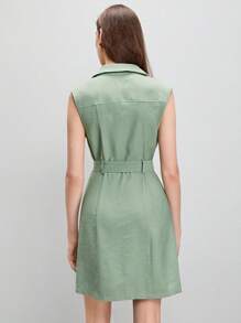 BizChic Đầm Thắt lưng Nút phía trước màu trơn Giải trí - Màu xanh Bạc hà - Xem 2