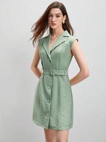 BizChic Đầm Thắt lưng Nút phía trước màu trơn Giải trí - Màu xanh Bạc hà - Xem 3