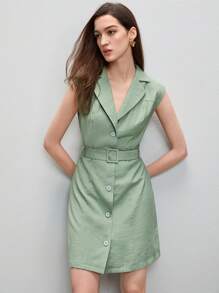 BizChic Đầm Thắt lưng Nút phía trước màu trơn Giải trí - Màu xanh Bạc hà - Xem 6