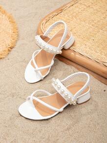 女孩人造珍珠裝飾粗跟時尚露跟涼鞋適合夏天