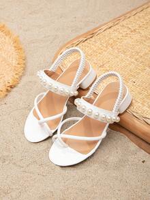 女孩人造珍珠裝飾粗跟時尚露跟涼鞋適合夏天