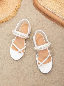 女孩人造珍珠裝飾粗跟時尚露跟涼鞋適合夏天