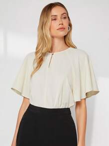 BizChic Blusa de cuello con abertura de ojo de manga mariposa ropa de trabajo - Beis - Ver 4