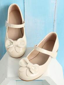 1對女孩蝴蝶結裝飾瑪麗珍女鞋適用於戶外 - 米色 - 查看 2