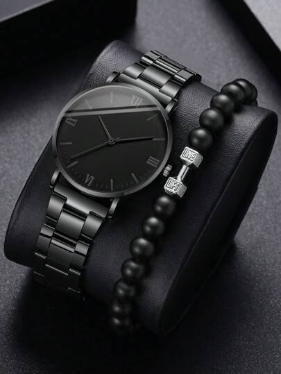 1pc Men Round Pointer Quartz Watch & 1pc Bracelet As A Gift For Students Returning To School