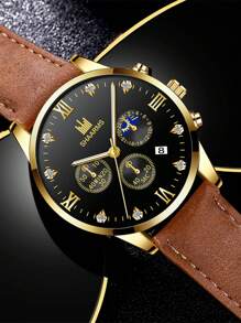 SHAARMS Đồng hồ đeo tay thạch anh ngày con trỏ tròn cho nam - màu nâu - Xem 1