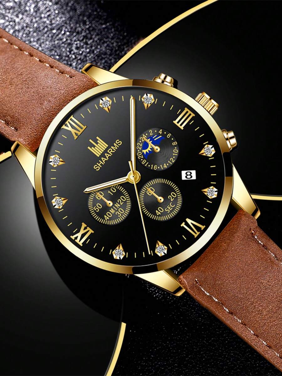 SHAARMS Đồng hồ đeo tay thạch anh ngày con trỏ tròn cho nam - màu nâu - Xem 1