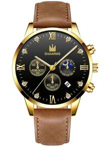 SHAARMS Đồng hồ đeo tay thạch anh ngày con trỏ tròn cho nam - màu nâu - Xem 2