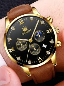 SHAARMS Đồng hồ đeo tay thạch anh ngày con trỏ tròn cho nam - màu nâu - Xem 3