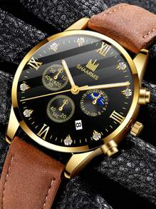 SHAARMS Đồng hồ đeo tay thạch anh ngày con trỏ tròn cho nam - màu nâu - Xem 4