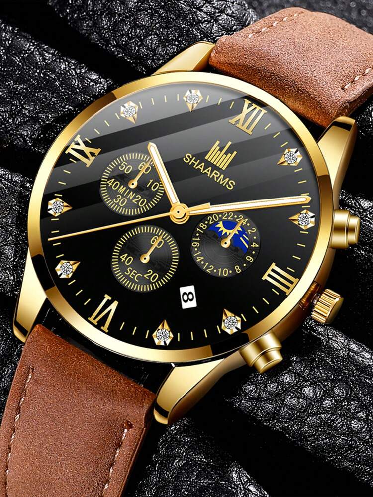 SHAARMS Đồng hồ đeo tay thạch anh ngày con trỏ tròn cho nam - màu nâu - Xem 4