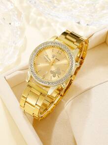 水钻装饰圆形指针石英表作为返校学生的礼物 - 金色 - 查看 1