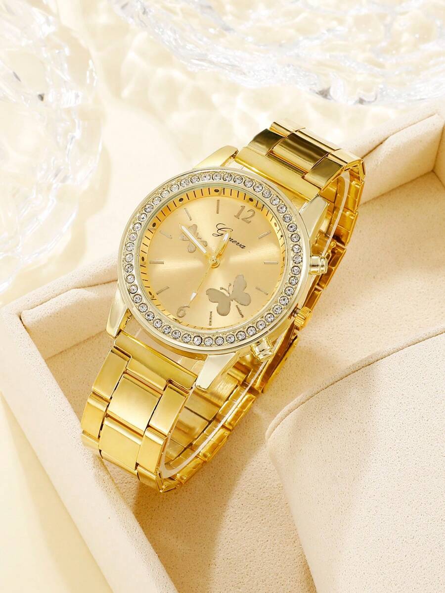 水钻装饰圆形指针石英表作为返校学生的礼物 - 金色 - 查看 1