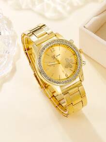 水钻装饰圆形指针石英表作为返校学生的礼物 - 金色 - 查看 2