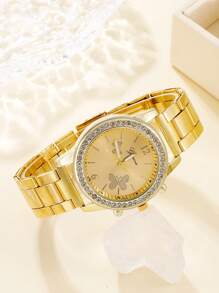 水钻装饰圆形指针石英表作为返校学生的礼物 - 金色 - 查看 3