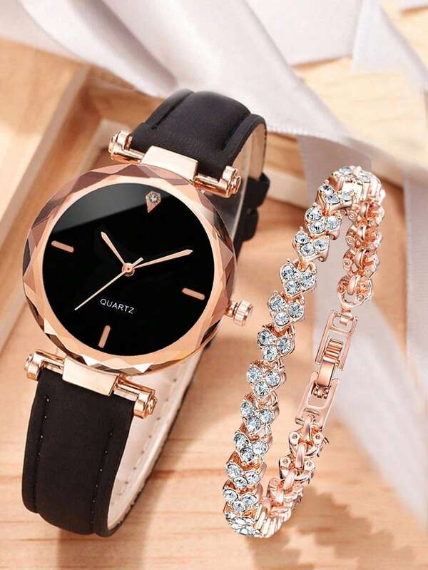 1入組女孩PU聚氨酯帶時尚水鑽裝飾圓形錶盤石英表和1入組手鏈適用於日常生活