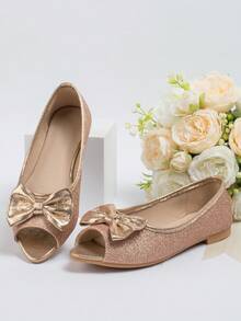 Girls Bow Decor Glitter Party Open Toe Flats - Champagne - View 1