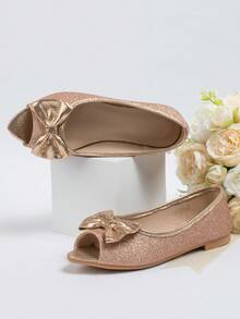 Girls Bow Decor Glitter Party Open Toe Flats - Champagne - View 2