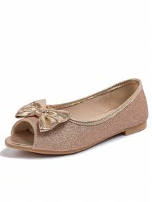 Girls Bow Decor Glitter Party Open Toe Flats - Champagne - View 3