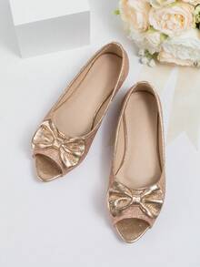 Girls Bow Decor Glitter Party Open Toe Flats - Champagne - View 4