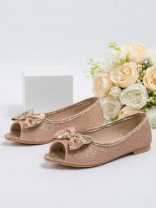 Girls Bow Decor Glitter Party Open Toe Flats - Champagne - View 5