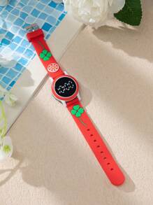 1入組女孩花朵裝飾矽膠帶圓形錶盤數字手錶日常裝飾 - 紅色 - 查看 2