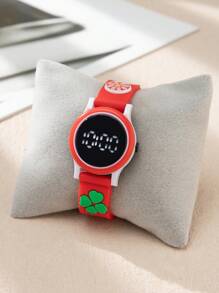 1入組女孩花朵裝飾矽膠帶圓形錶盤數字手錶日常裝飾 - 紅色 - 查看 3