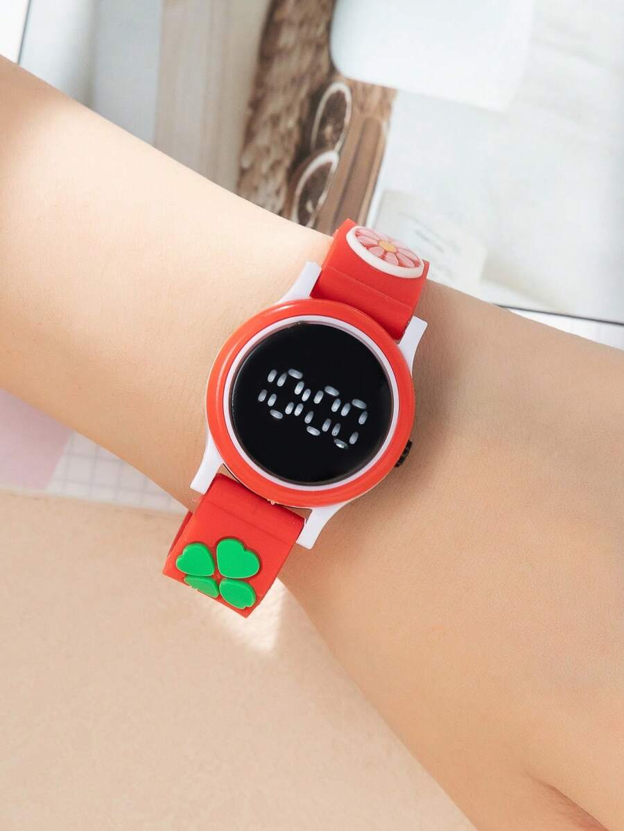 1入組女孩花朵裝飾矽膠帶圓形錶盤數字手錶日常裝飾 - 紅色 - 查看 1
