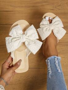 女士防滑紋理質感蝴蝶結裝飾翻動度假淺褐色織物拖鞋 - 米色 - 查看 3