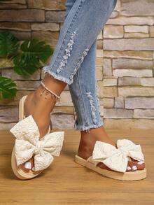 女士防滑紋理質感蝴蝶結裝飾翻動度假淺褐色織物拖鞋 - 米色 - 查看 4
