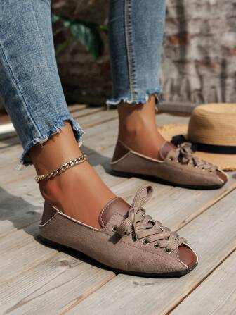 Women Grommet Lace Up Front Square Toe Multi-way Wear Flats, Elegant Brown Corduroy Flat Shoes