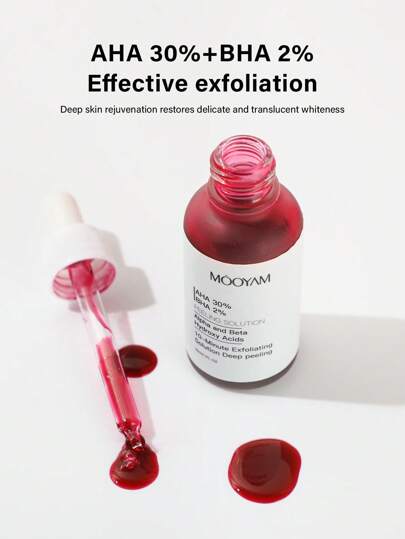 MOOYAM 30% AHA + 2% BHA 果酸焕肤精华液，深层滋养保湿面部精华，30% AHA 果酸焕肤精华，添加乳酸和芦荟，抗衰老、提亮肤色、舒缓肌肤，令肌肤光滑柔嫩。轻盈的去角质精华液，有效改善痘痘、黑斑、收缩毛孔、淡化细纹和皱纹，男女皆宜，是旅行和节日送礼的理想之选，也是日常护肤和面部护理的佳品。