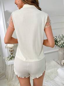 Moireta 撞色蕾丝翻领睡衣套装/睡衣套装 - 米色 - 查看 2