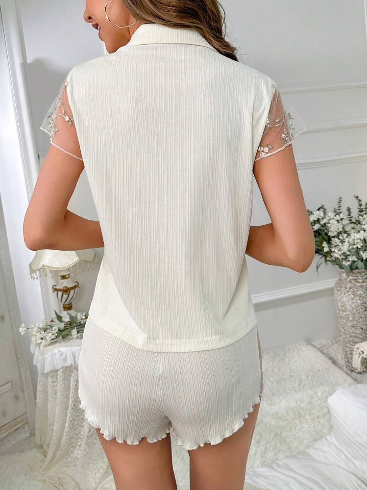 Moireta 撞色蕾丝翻领睡衣套装/睡衣套装 - 米色 - 查看 2