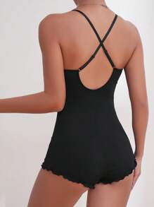 Contrast Lace Lettuce Trim Cami Romper - Black - View 2