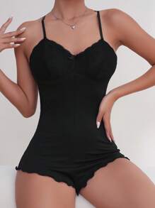 Contrast Lace Lettuce Trim Cami Romper - Black - View 4