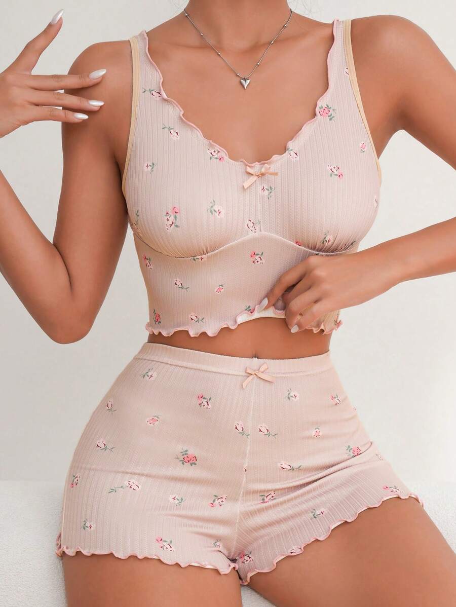 Floral Print Lettuce Trim Bow Front PJ Set - Pink - View 1