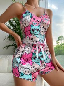 Conjunto de pijama / Pijama con gráfico de dibujos animados y lazo delantero - Multicolor - Ver 4