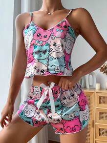 Conjunto de pijama / Pijama con gráfico de dibujos animados y lazo delantero - Multicolor - Ver 5