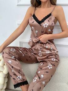 Floral Print Lace Trim PJ Set - Khaki - View 1