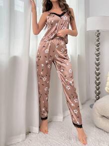 Floral Print Lace Trim PJ Set - Khaki - View 5