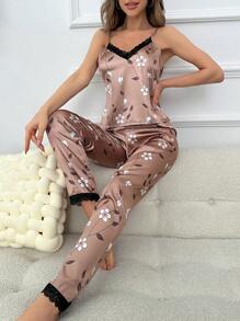 Floral Print Lace Trim PJ Set - Khaki - View 6