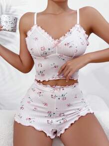 Floral Print Lettuce Trim Cami Top & Shorts PJ Set - Baby Pink - View 1