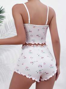 Floral Print Lettuce Trim Cami Top & Shorts PJ Set - Baby Pink - View 2
