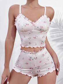 Floral Print Lettuce Trim Cami Top & Shorts PJ Set - Baby Pink - View 4