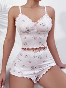 Floral Print Lettuce Trim Cami Top & Shorts PJ Set - Baby Pink - View 5